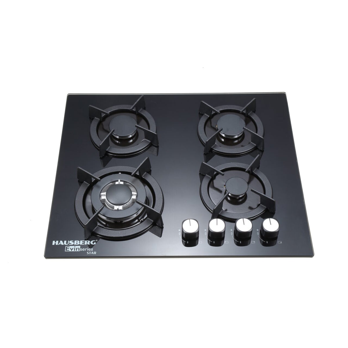 Hausberg HB-560NG beépíthető főzőlap, 3 normál égő + 1 WOK égő, elektromos gyújtás, öntöttvas rostély, vas égőfedél, gáz, Fekete