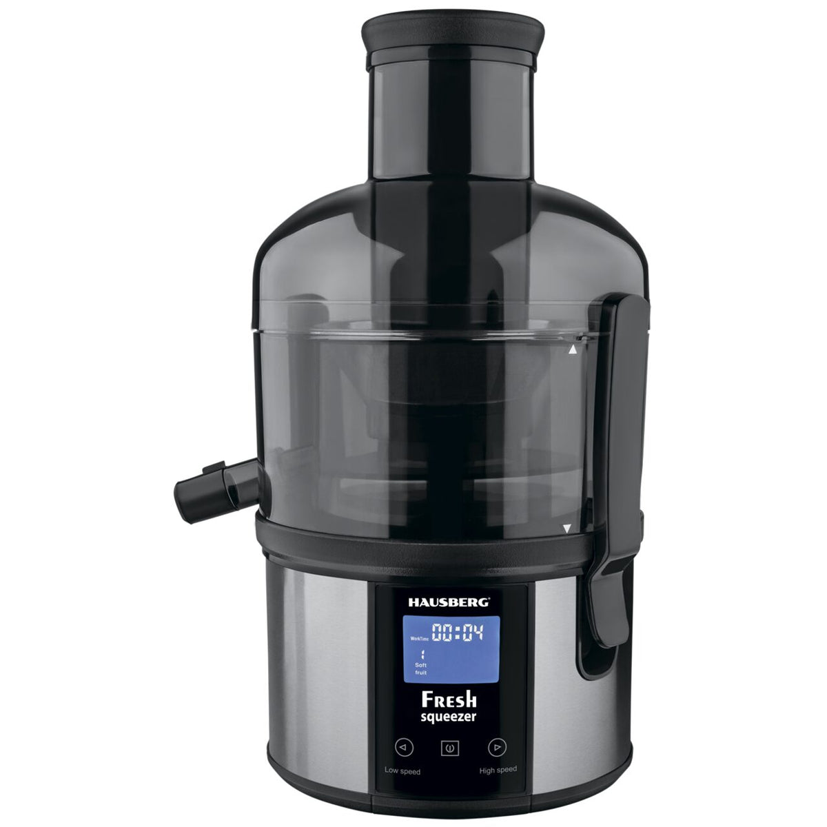 HAUSBERG HB-7545IN digitális gyümölcscentrifuga, 800-1000W, 85mm, 1L gyümölcshús tartály, 5 sebesség, fekete/rozsdamentes acél