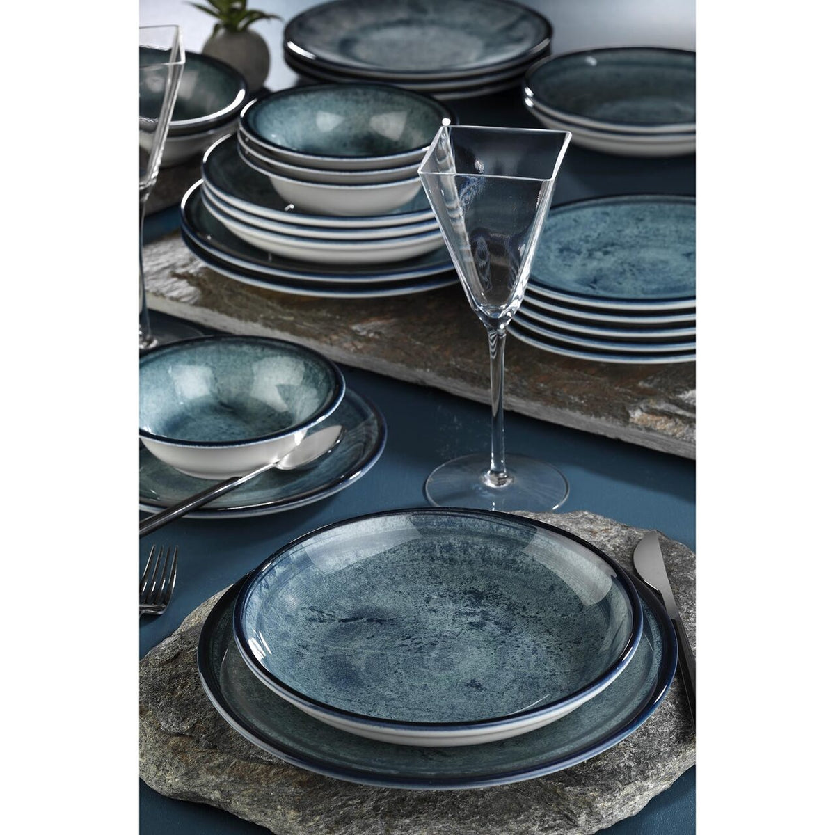 Kutahya Porselen Bone Teos 24 darabos étkészlet, 6 személyes, kék porcelán
