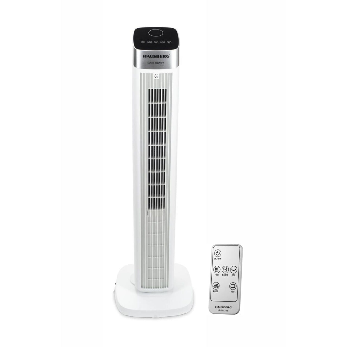 Ventilátor torony digitális HAUSBERG HB-5953AB, 55W, 41 inch, 3 sebességfokozat, 3 üzemmód, 24 órás időzítő, LED, oszcilláció, távirányító, illatanyag diffúzor