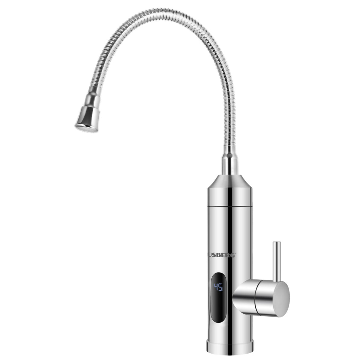 Hausberg HB-F5017 átfolyós vízmelegítő, 3600W, LED kijelző, rozsdamentes acél 304, flexibilis tömlő, termosztát 60°C, IPx4