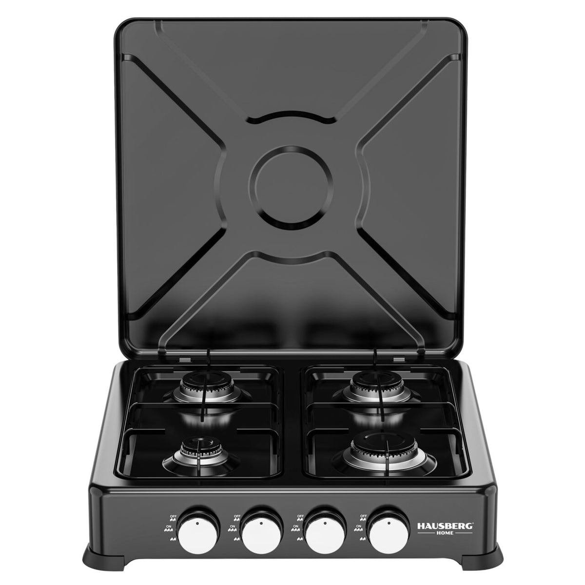 Minigaz hordozható tűzhely 4 égős Hausberg HB-H404NG, 2.2kW + 2×1.5kW + 1kW, alumínium égők, CE szelepek, fém test
