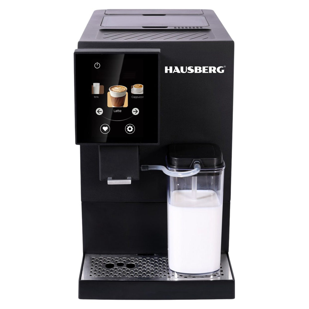 Hausberg HB3775NG digitális kávéfőző, automata, kávébab, 3,5"-es TFT érintőképernyő, cappuccino/latte, 400 ml-es tejtartály, 1,1 L-es víztartály, 1100-1350 W