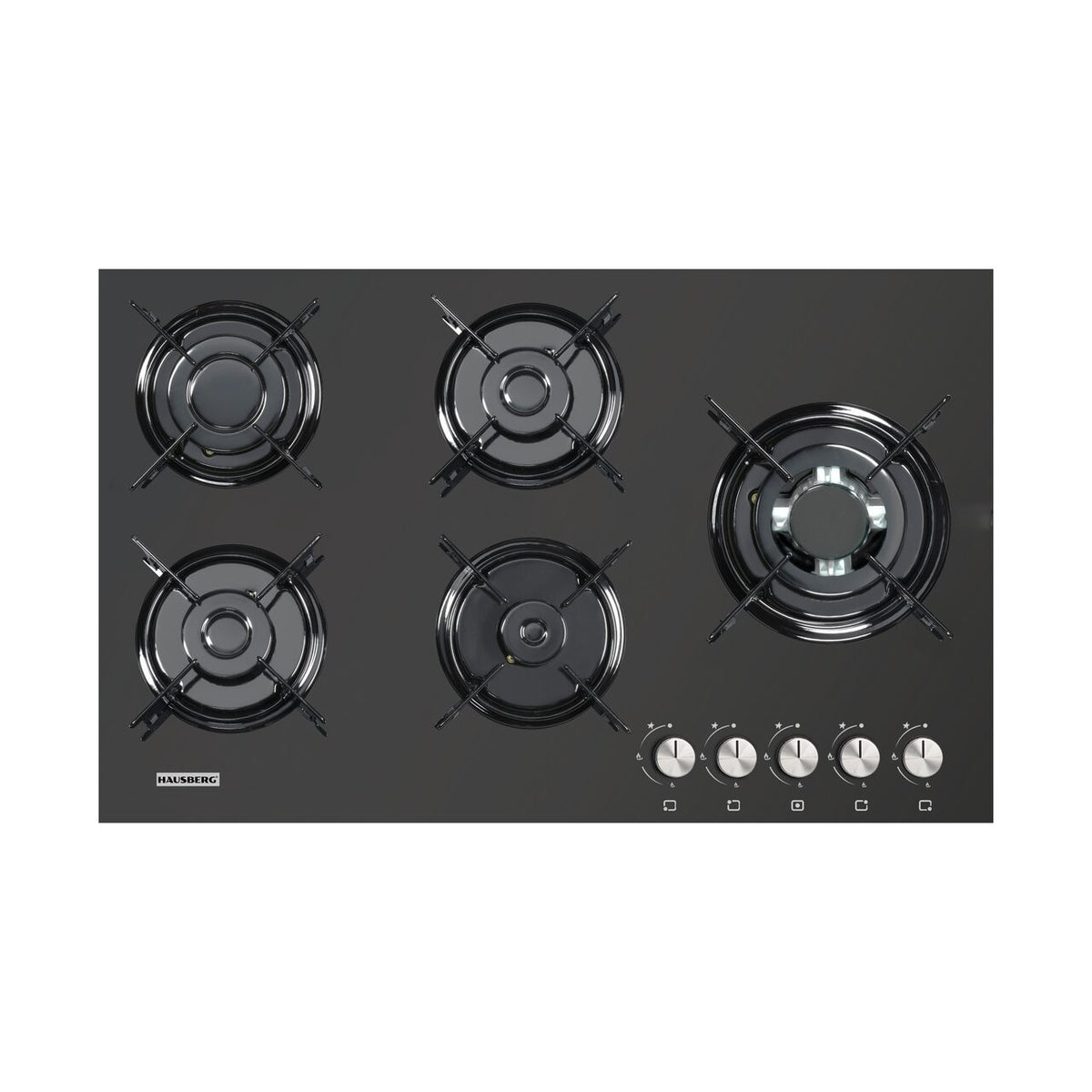 Hausberg HB-588 NG Beépíthető gázfőzőlap, 5 főzőzóna, hármas Wok égő, fekete üveg, FFD, 90 cm
