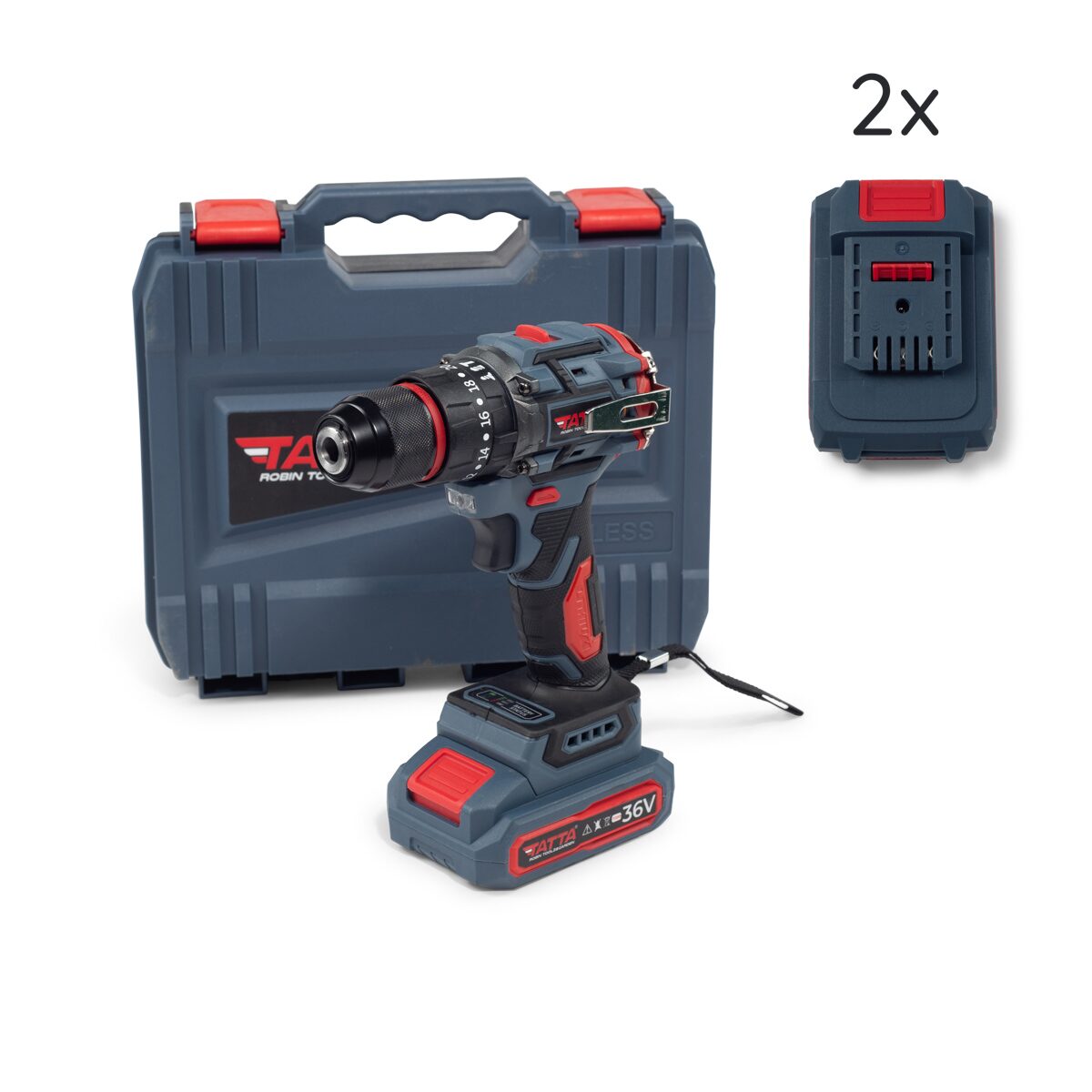 Tatta TD5320 Elektromos fúrógép, 21V, 1300W, 30 Nm, 0-3000 RPM, 10 mm-es tokmány, 2 akkumulátorral