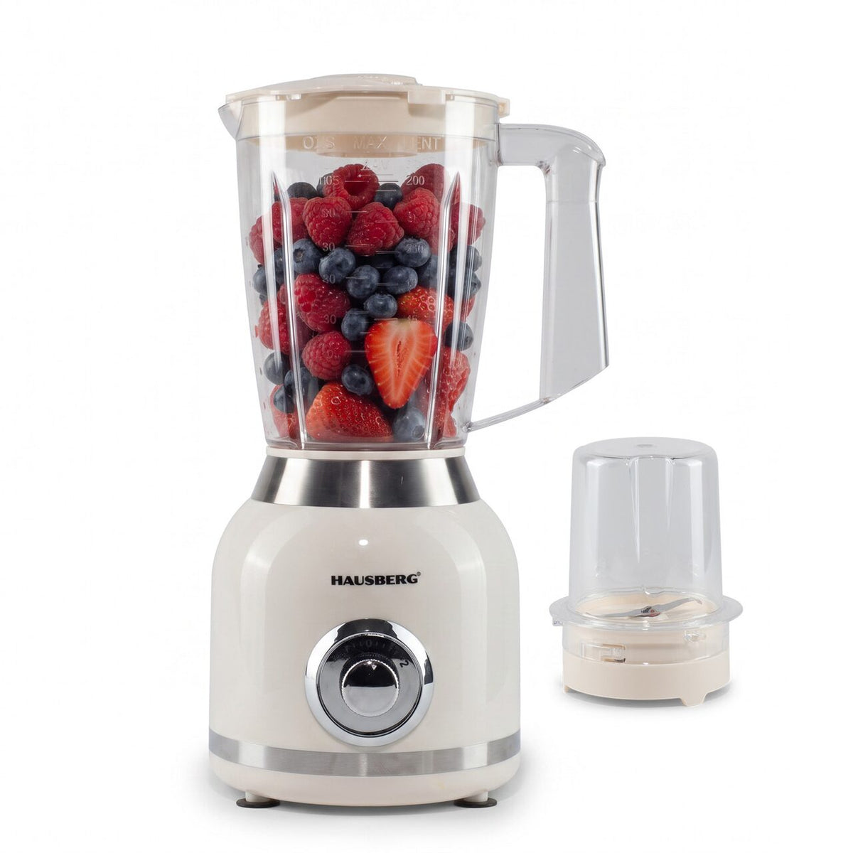 Hausberg HB-7773BEJ nagy teljesítményű 2 az 1-ben turmixgép, 400 W, 1,75 l űrtartalom, 300 ml-es darálóval, rozsdamentes acél pengék, bézs