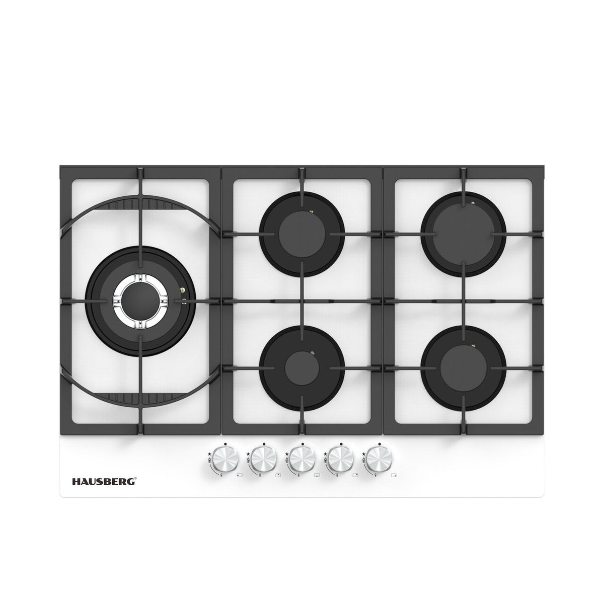 Hausberg HB-548AB beépíthető gázfőzőlap, fehér edzett üveg, 5 égő, elektromos szikragyújtás, öntöttvas rácsok, 75 cm