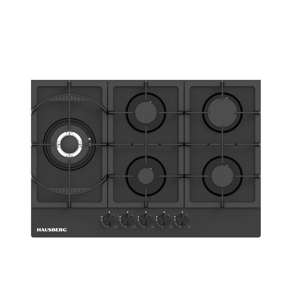 Hausberg HB-554NG beépíthető gázfőzőlap, fekete biztonsági üveg, 5 égő, elektromos szikragyújtás, öntöttvas rácsok, 75 cm