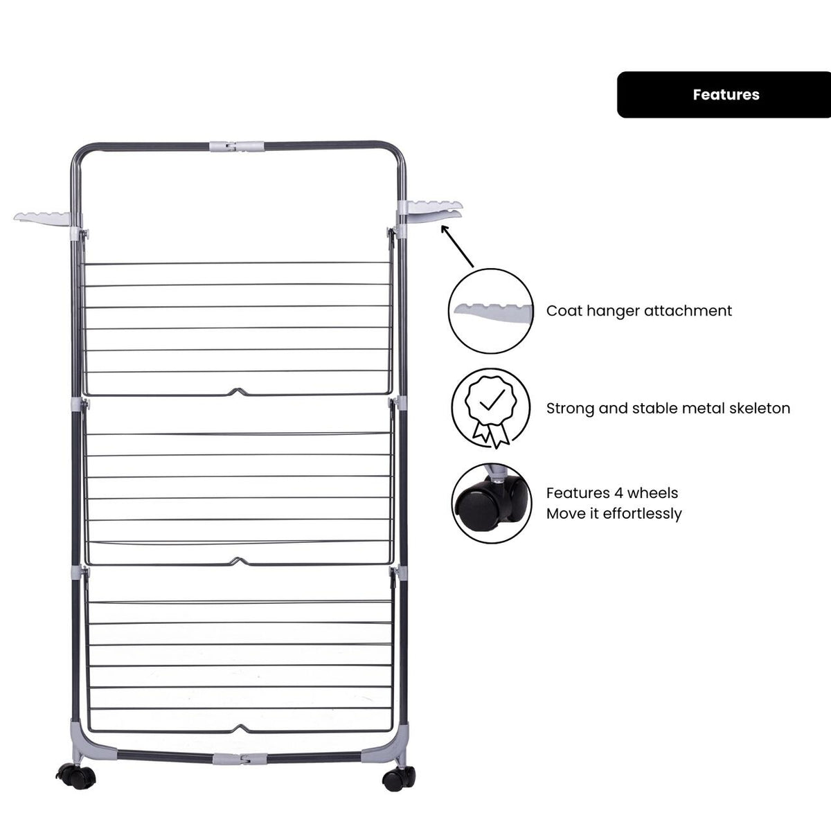 Ertone MN98U 3 szintes, összecsukható ruhaszárító, vállfatartóval, 30 kg ruhához, Inox