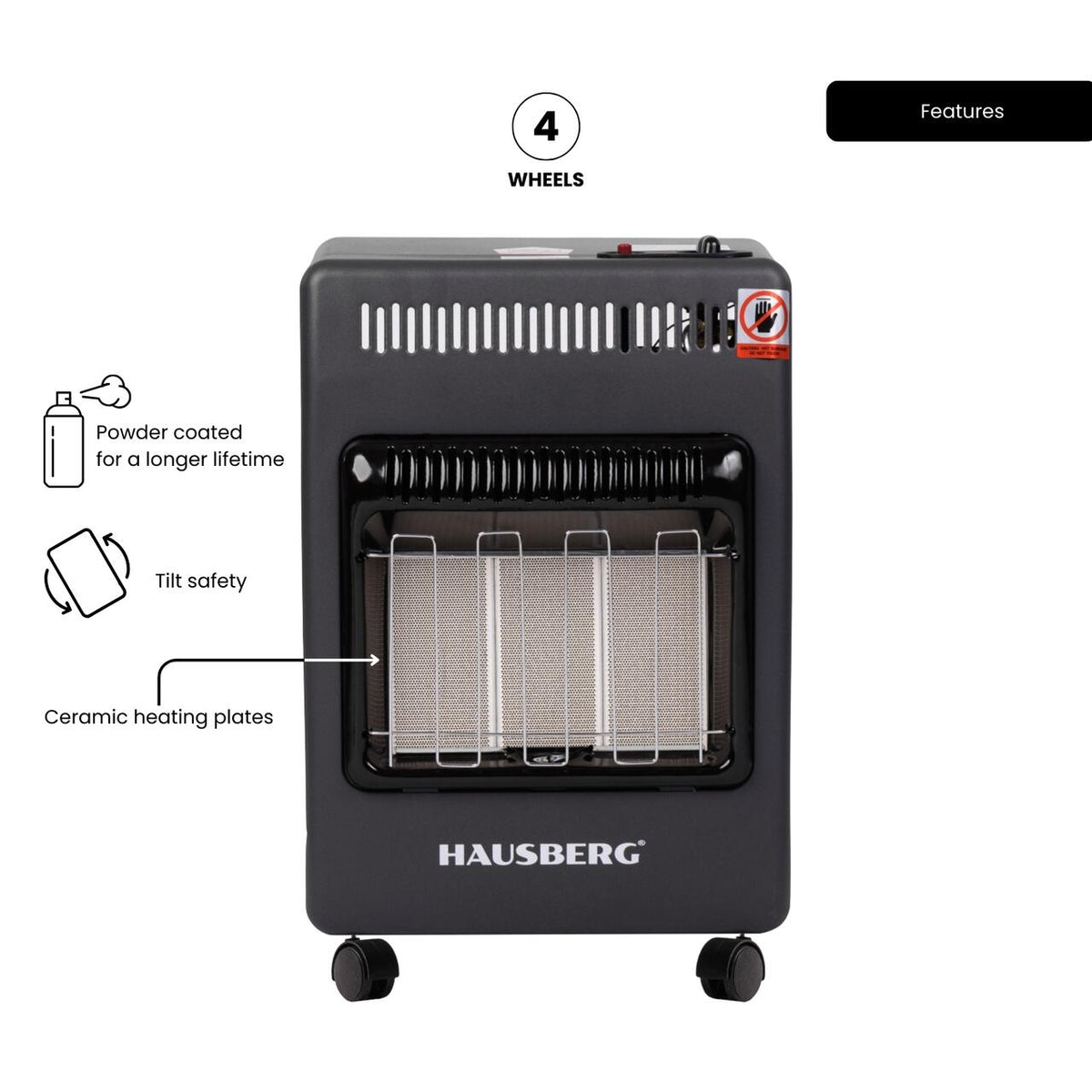 Mini gáztűzhely PB gázra HAUSBERG HB-1023NG, piezo gyújtású, 3 kerámia fűtőlappal, teljesítménye 4.2kW, automatikus gázleállító rendszerrel