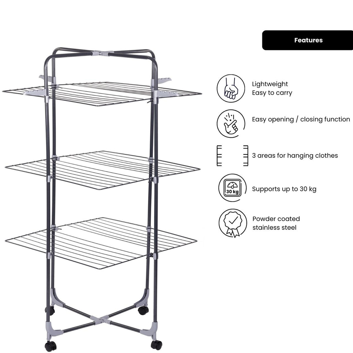 Ertone MN98U 3 szintes, összecsukható ruhaszárító, vállfatartóval, 30 kg ruhához, Inox
