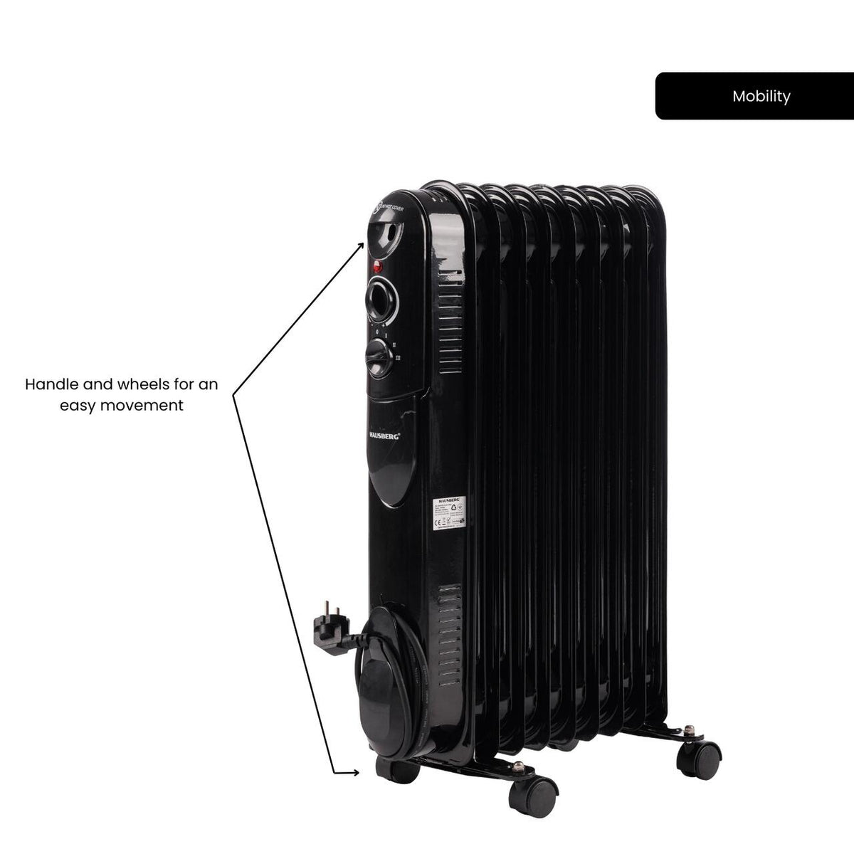 HAUSBERG HB-8915 elektromos olajradiátor, 3 fokozat, 800-1200-2000 W, 9 tag 110 mm x 580 mm, állítható termosztát, fogantyú és kerekek a könnyű mozgatáshoz, működésjelző fény