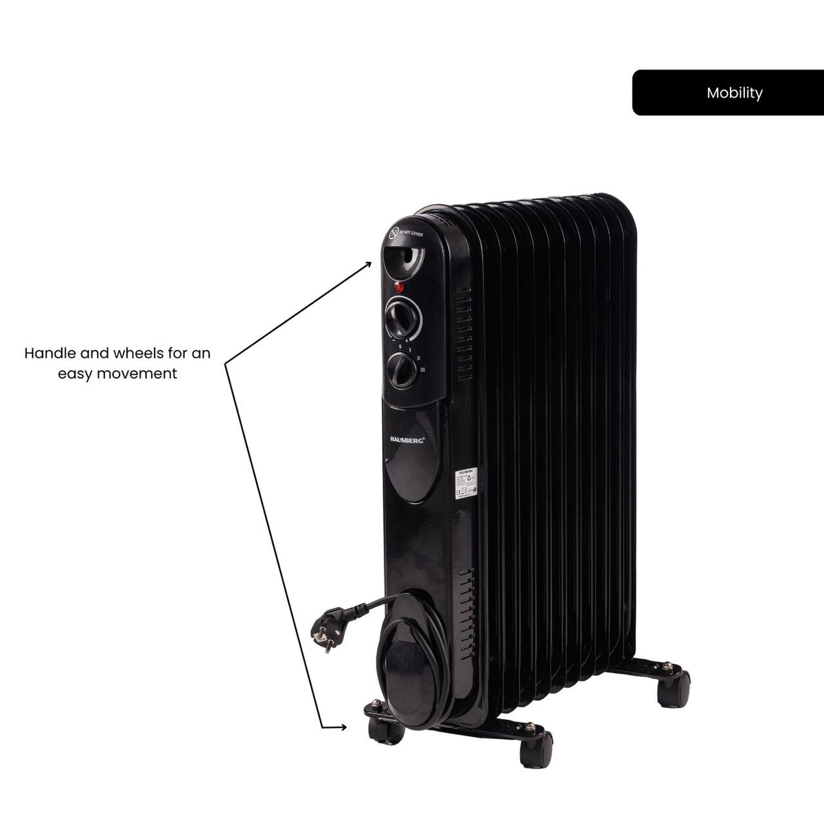 HAUSBERG HB-8925 olajradiátor, 3 fokozat, 1000-1500-2500 W, 11 tag, 110 mm x 580 mm, állítható termosztát, fogantyú és kerekek a könnyű mozgatáshoz, működésjelző lámpa