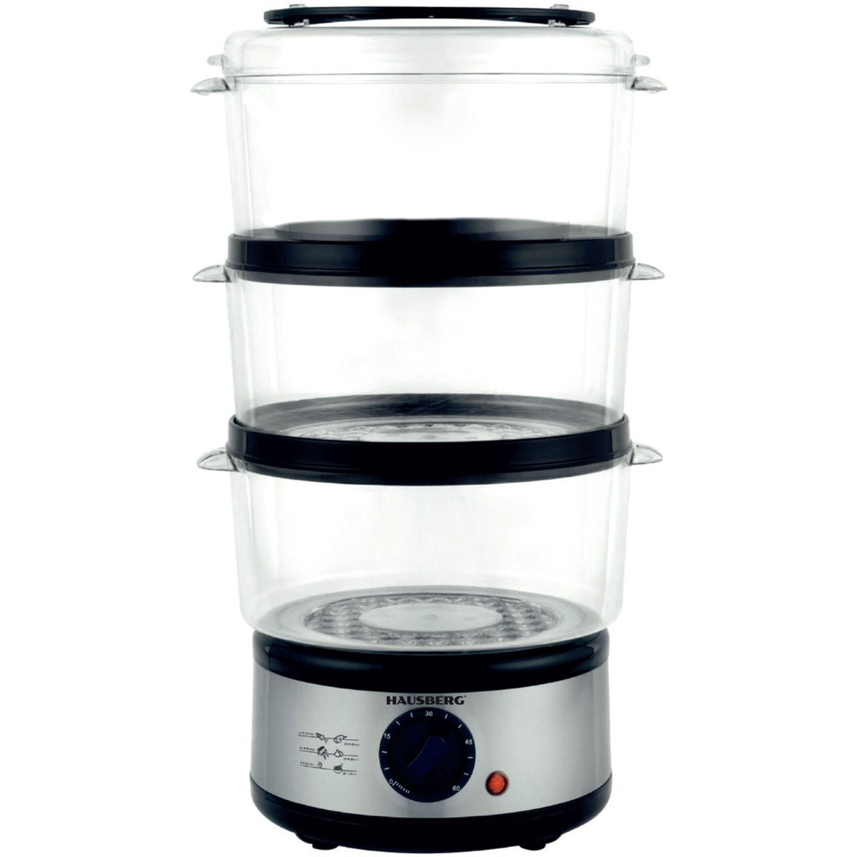 Hausberg HB-1355 gőzfőző, 400 W teljesítmény, 7,2 l, 3 kivehető tálca, űrtartalom: 2,4 l/tálca, ezüst színű