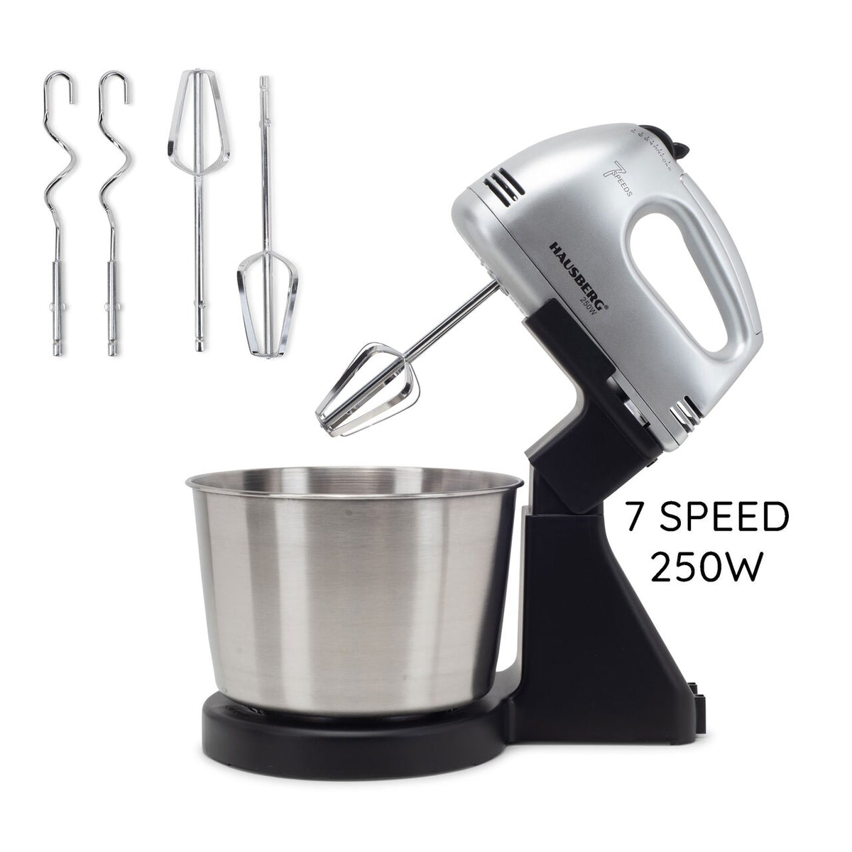 HAUSBERG HB-3551NG tálkás mixer, 7 sebesség, 250W teljesítmény, 2 literes rozsdamentes acél tál