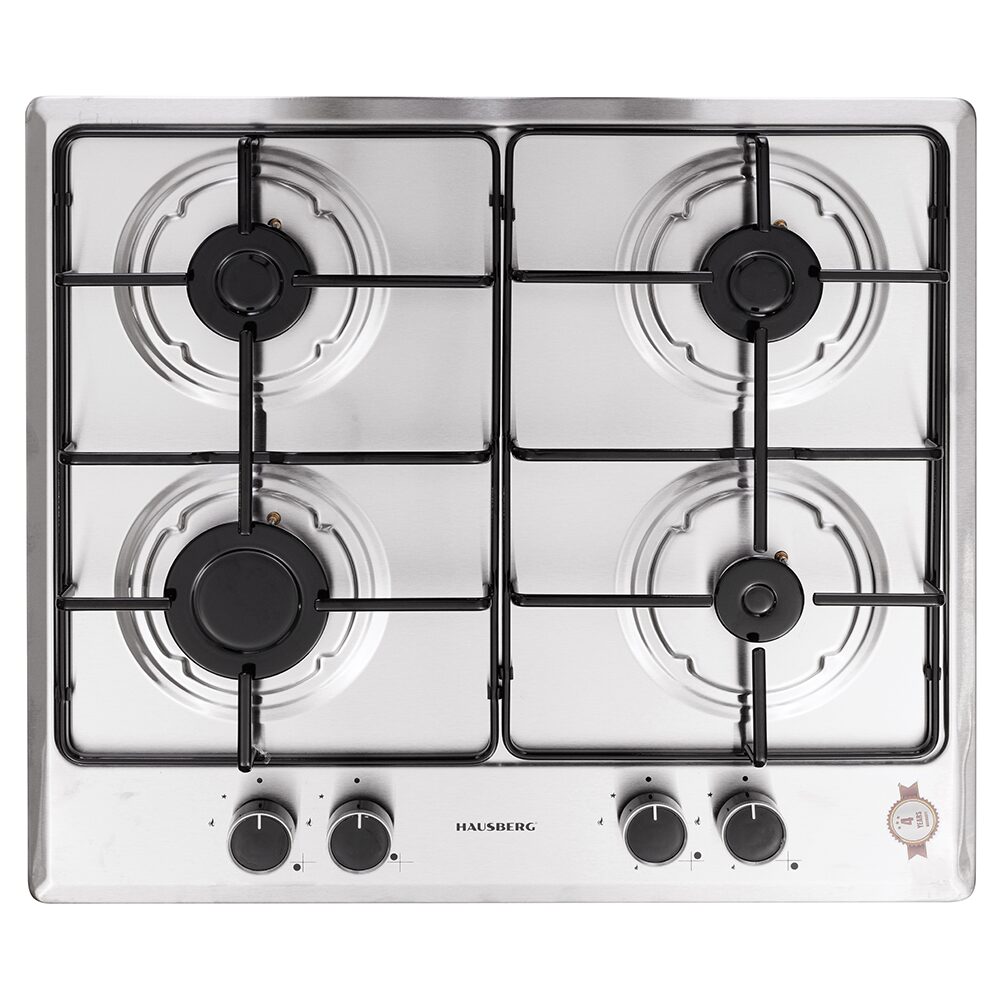 Hausberg HB-555 beépíthető főzőlap, elektromos gyújtás, gáz, 4 égőfej, biztonsági rendszer, Inox