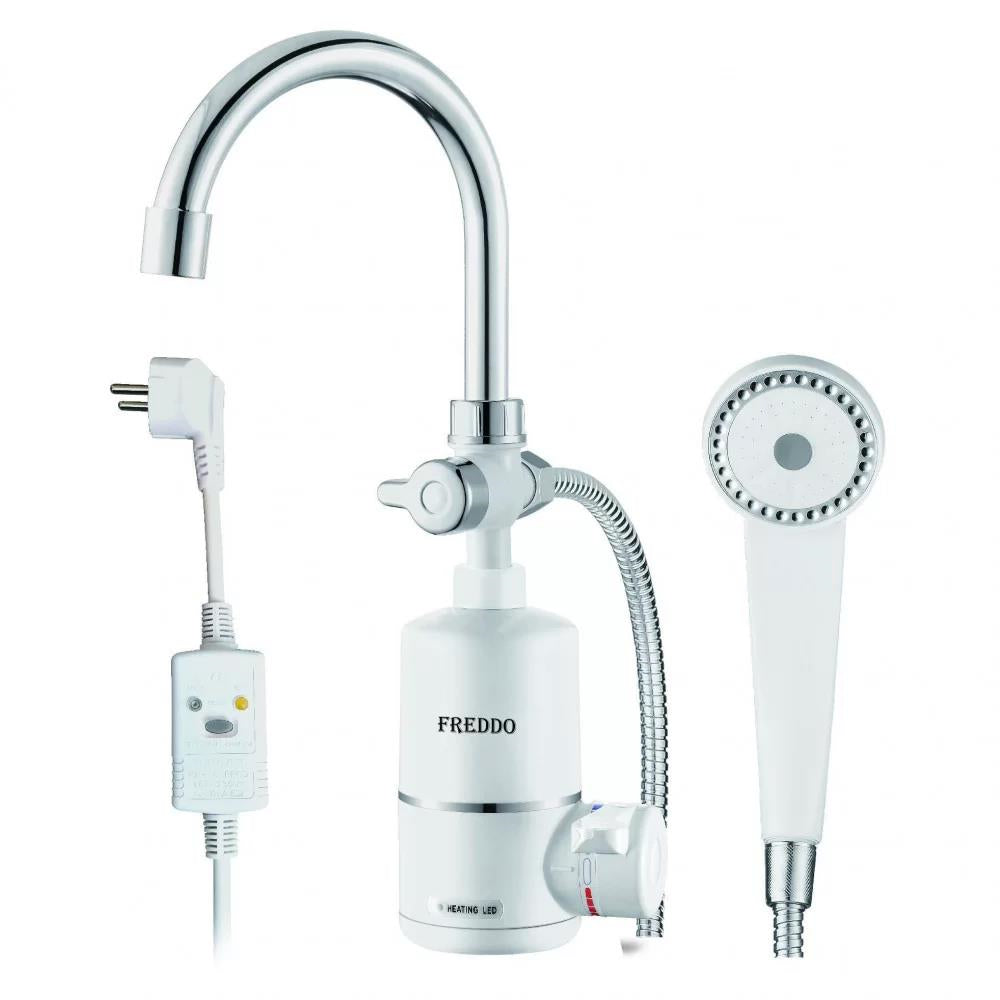 Freddo SN-0050 elektromos vízmelegítő csaptelep kádhoz (átfolyós vízmelegítő), zuhanyfejjel és gégecsővel, 3000 W, 220-240 V, 60°C maximális hőmérséklet, 0.5 Mpa víznyomás