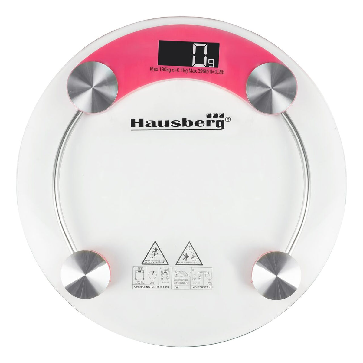 HAUSBERG HB-6000RZ testzsíranalizáló mérleg, LCD kijelző, automatikus kikapcsolás, elemtöltöttség-jelző, 180 kg, átlátszó üveg, rózsaszín
