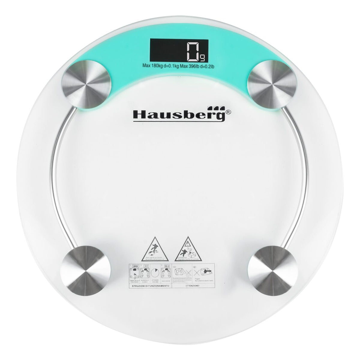HAUSBERG HB-6000BL Személymérleg, LCD kijelző, automatikus kikapcsolás, elemtöltöttség-jelző, 180 kg, átlátszó üveg, kék