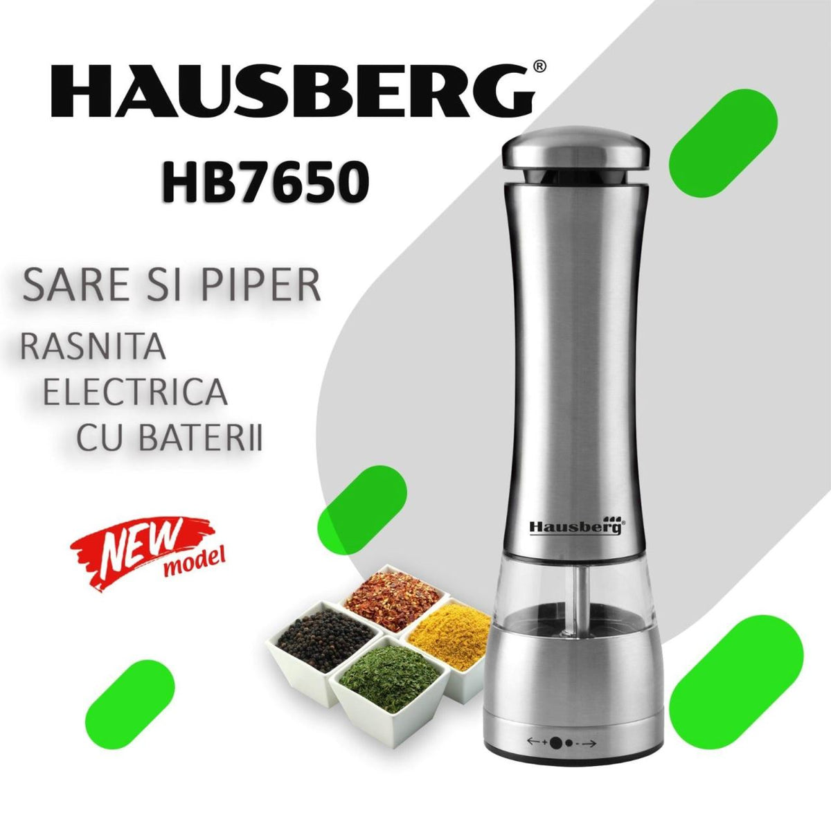 Hausberg HB-H7650 elektromos só- és borsőrlő, rozsdamentes acél test, 22 cm