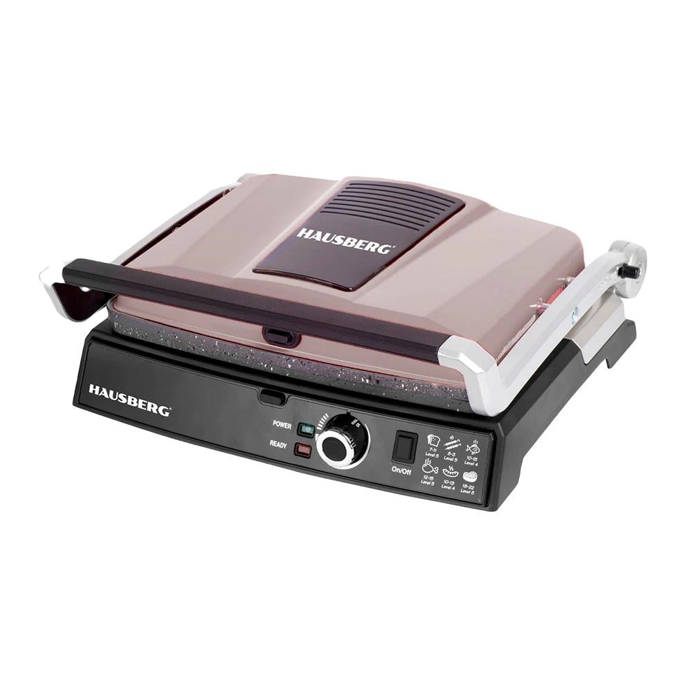 Hausberg HB633GO elektromos grill, 2000-2200 W, tapadásmentes lapok, 30x24,5 cm-es sütőfelület, termosztát, rozéarany