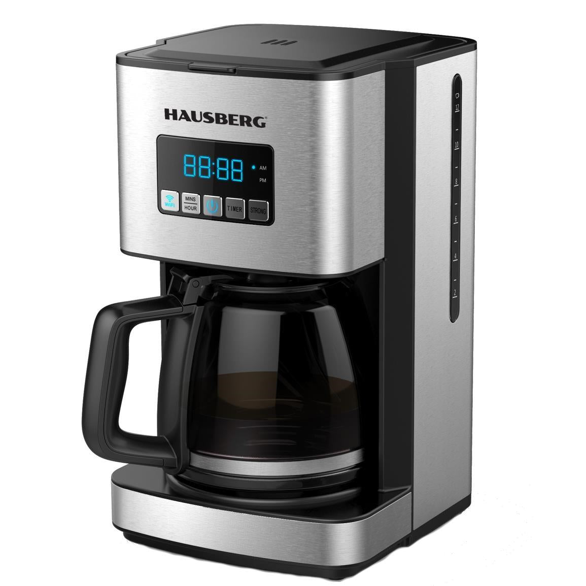HAUSBERG HB3755 digitális kávéfőző programozható funkcióval, 1000-1200 W, 1.8 l, Wifi, LED kijelző, biztonsági rendszer, Inox