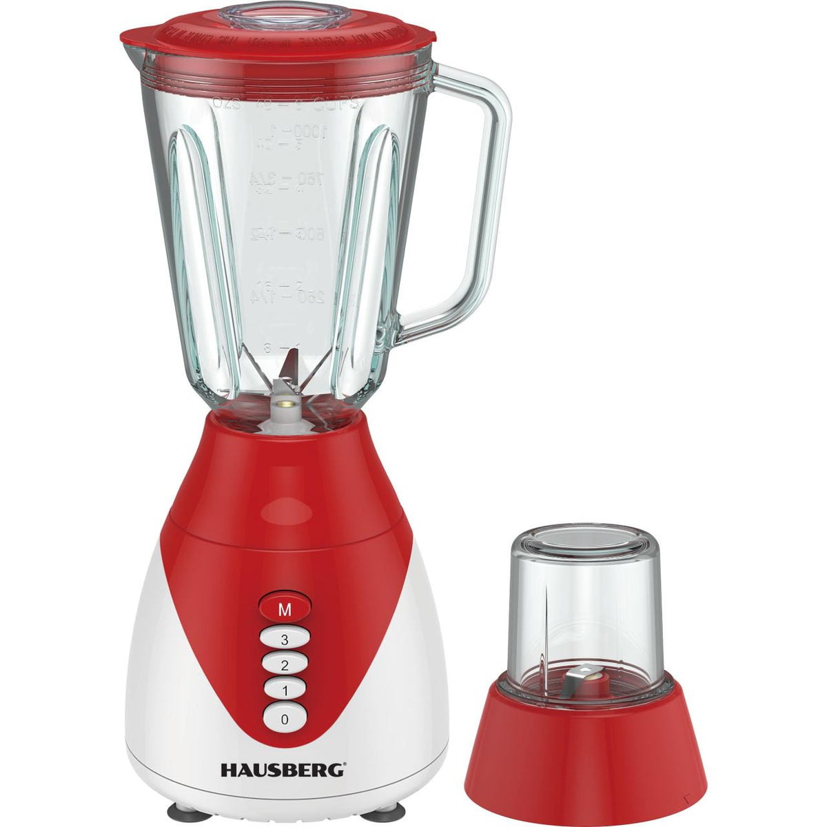 Hausberg HB-7760RS turmixgép, 350W, 1,5L, 3 sebességfokozat, Pulse funkció, jégaprítás, 4 levehető penge, piros