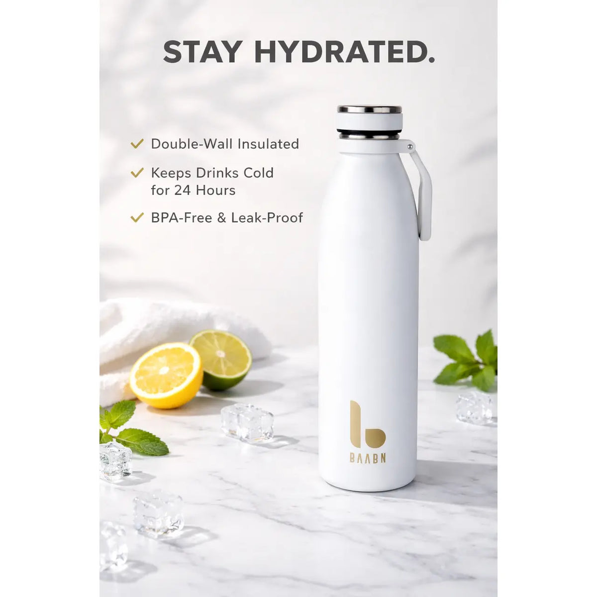 BAABN duplafalú vákuum termosz, 750 ml, kempingezéshez, túrázáshoz, fitneszhez, rozsdamentes acél kulacs, szivárgásmentes