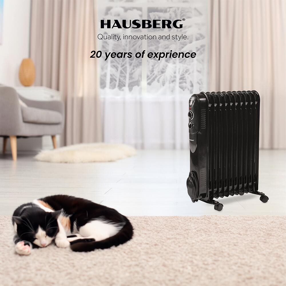 HAUSBERG HB-8925 olajradiátor, 3 fokozat, 1000-1500-2500 W, 11 tag, 110 mm x 580 mm, állítható termosztát, fogantyú és kerekek a könnyű mozgatáshoz, működésjelző lámpa
