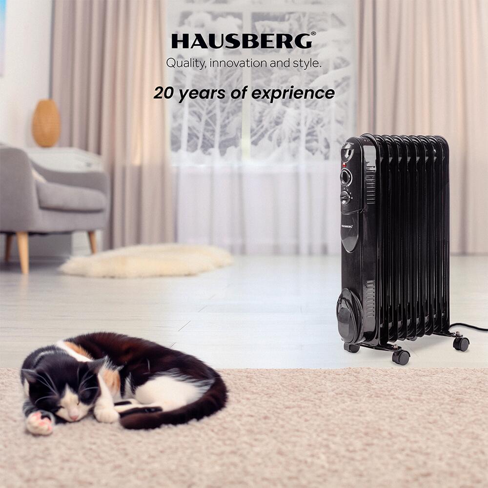 HAUSBERG HB-8915 elektromos olajradiátor, 3 fokozat, 800-1200-2000 W, 9 tag 110 mm x 580 mm, állítható termosztát, fogantyú és kerekek a könnyű mozgatáshoz, működésjelző fény