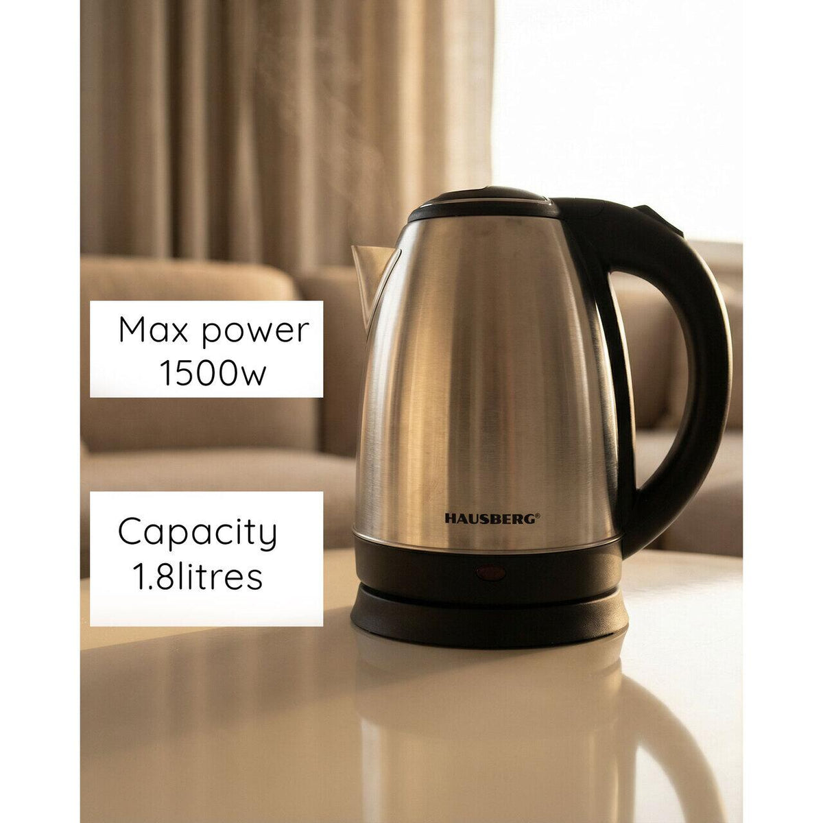 Hausberg HB-3615 rozsdamentes acél vízforraló, 1500 W, 1.8 L, forgatható talp, biztonsági rendszer