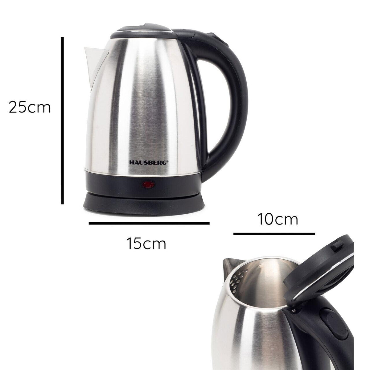 Hausberg HB-3615 rozsdamentes acél vízforraló, 1500 W, 1.8 L, forgatható talp, biztonsági rendszer