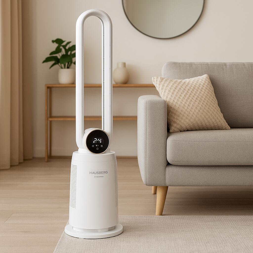 HAUSBERG HB-5957AB digitális oszcilláló ventilátor, 65W, 12 sebességfokozat, 4 program, negatív ionizáció, 12 órás időzítő, 40°-os oszcilláció, LED, távirányító