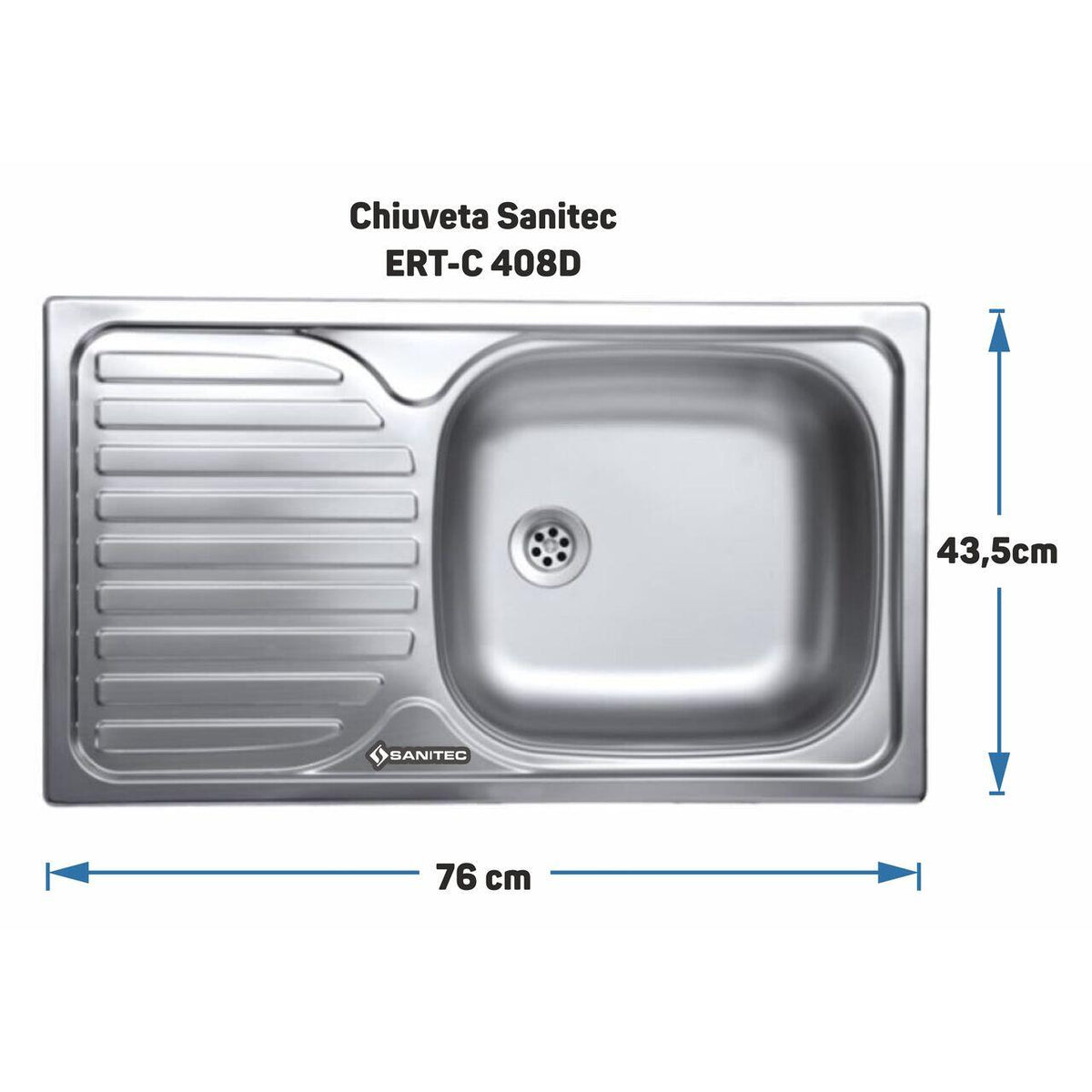 Sanitec ERT-C 408D mosogató, pultra szerelhető, jobb oldali medencével, vízkőmentes, 76x43,5 cm, rozsdamentes acél