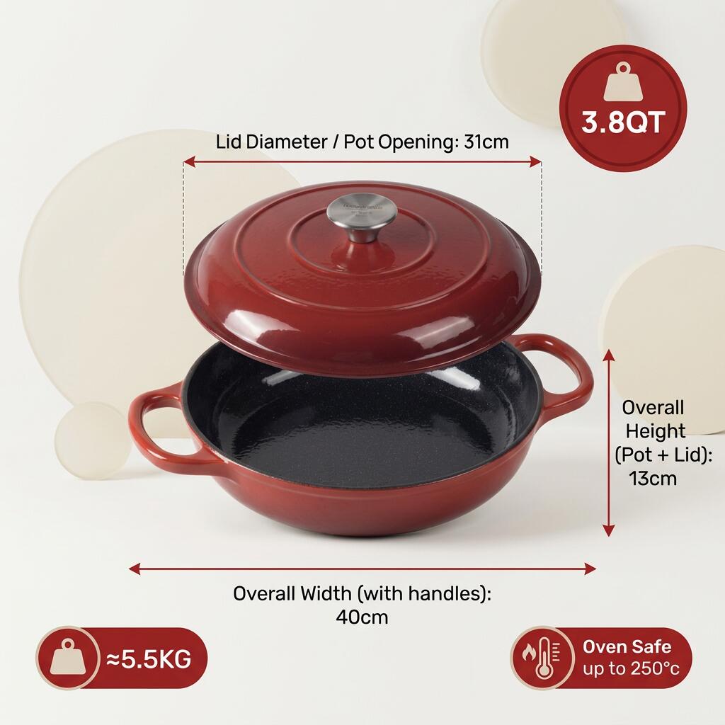 Hausberg HB-H753RS Zománcozott Öntöttvas Ovális Lábas Fedővel, 26 cm, 2 l, Indukciós főzőlap- és sütőkompatibilis, Dupla zománcbevonat