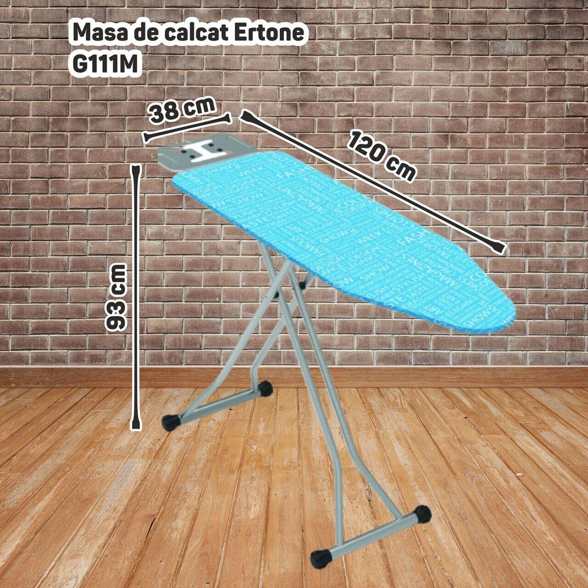Ertone G111M vasalódeszka, elektrosztatikus festék, pamut és poliészter huzat, vasalótartó, beépített aljzat, 38 x 93 x 120 cm