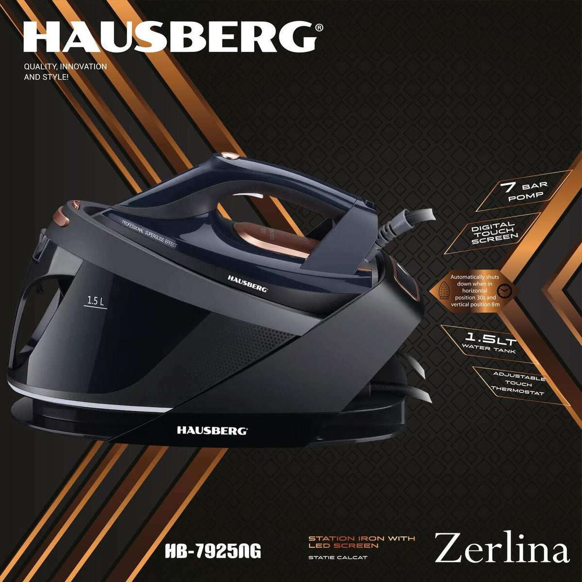 HAUSBERG HB-7925NG gőzállomás, 3000W, 40-50g/perc, 1.5l, öntisztító, termosztát, kerámia talp