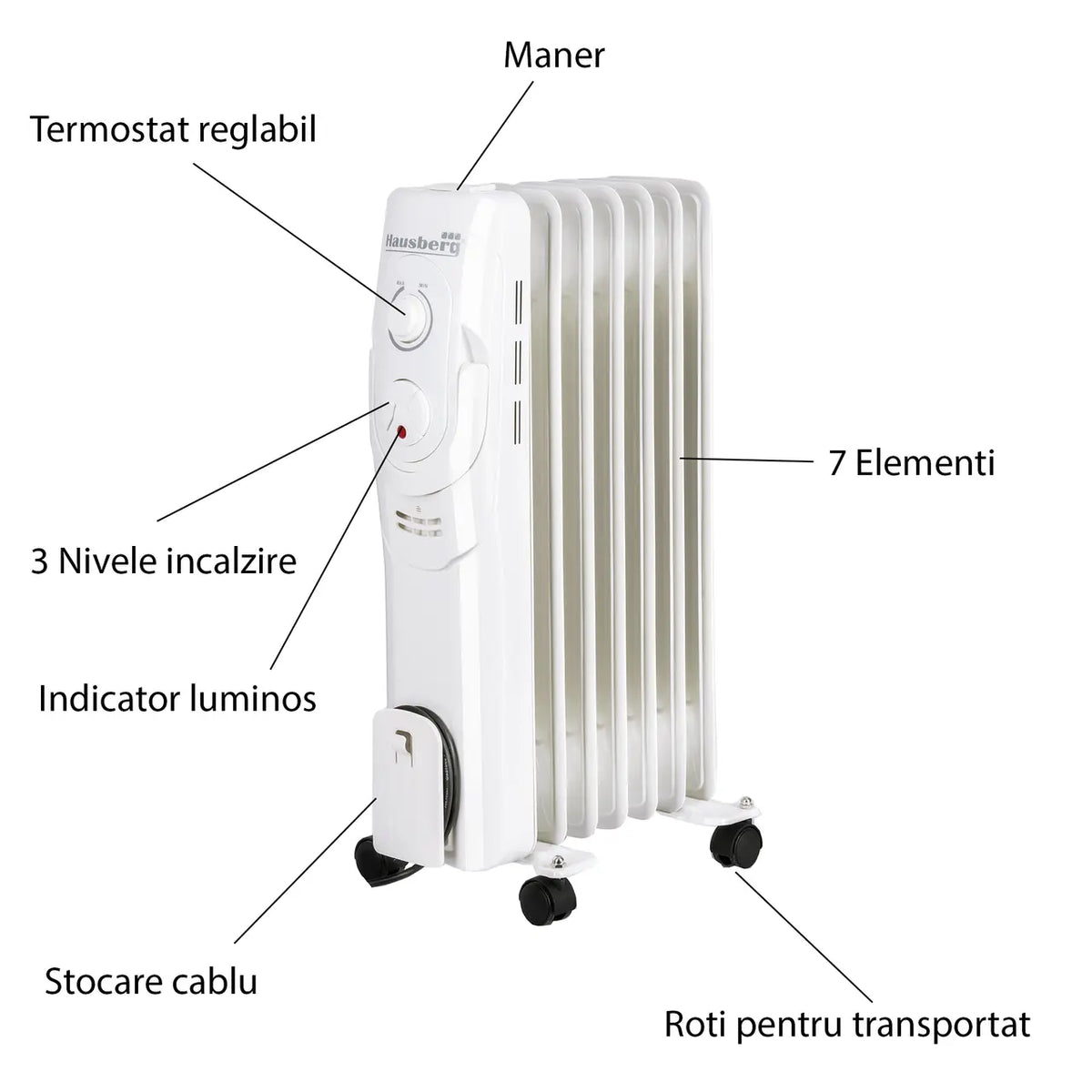 Hausberg HB-8900AB elektromos olajradiátor, 1500 W, 7 tagú, 3 teljesítményfokozat, állítható termosztát