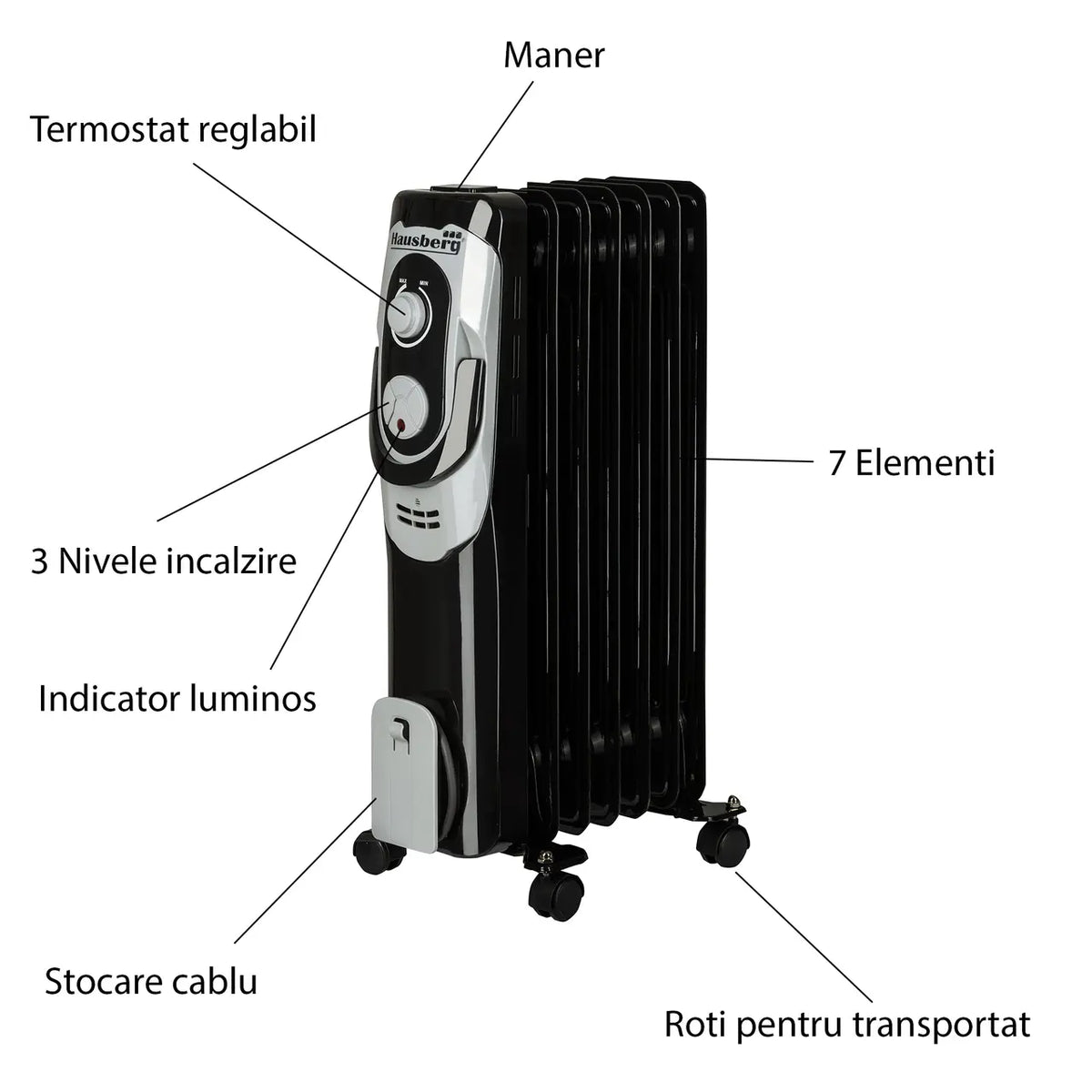 Hausberg HB-8900NG elektromos olajradiátor, 1500 W, 7 tagú, 3 teljesítményfokozat, szabályozható termosztát