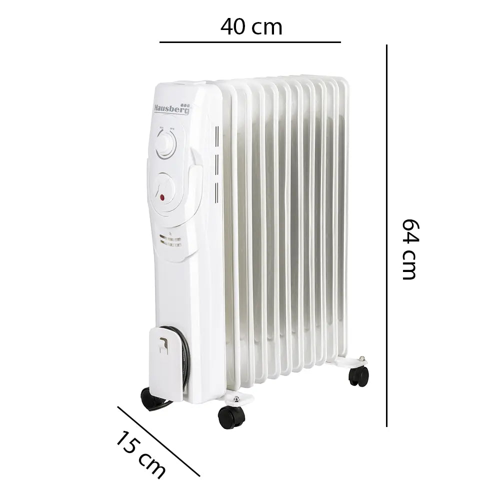 Hausberg HB-8920AB elektromos olajradiátor, 2500 W, 11 tagú, 3 teljesítményfokozat, állítható termosztát, fehér