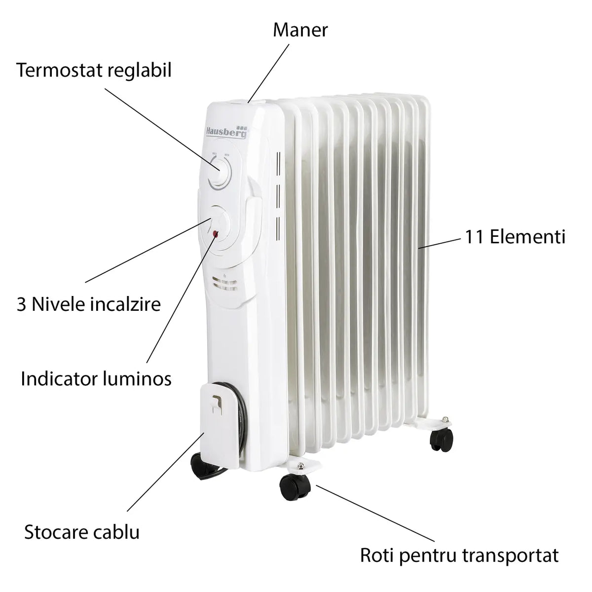 Hausberg HB-8920AB elektromos olajradiátor, 2500 W, 11 tagú, 3 teljesítményfokozat, állítható termosztát, fehér