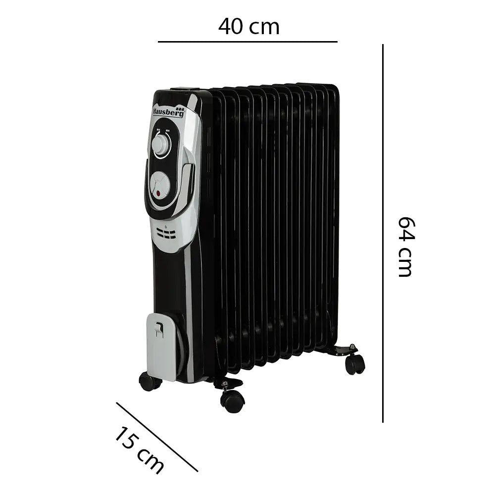 Hausberg HB-8920NG elektromos olajradiátor, 2500 W, 11 tagú, 3 teljesítményfokozat, állítható termosztát, fekete