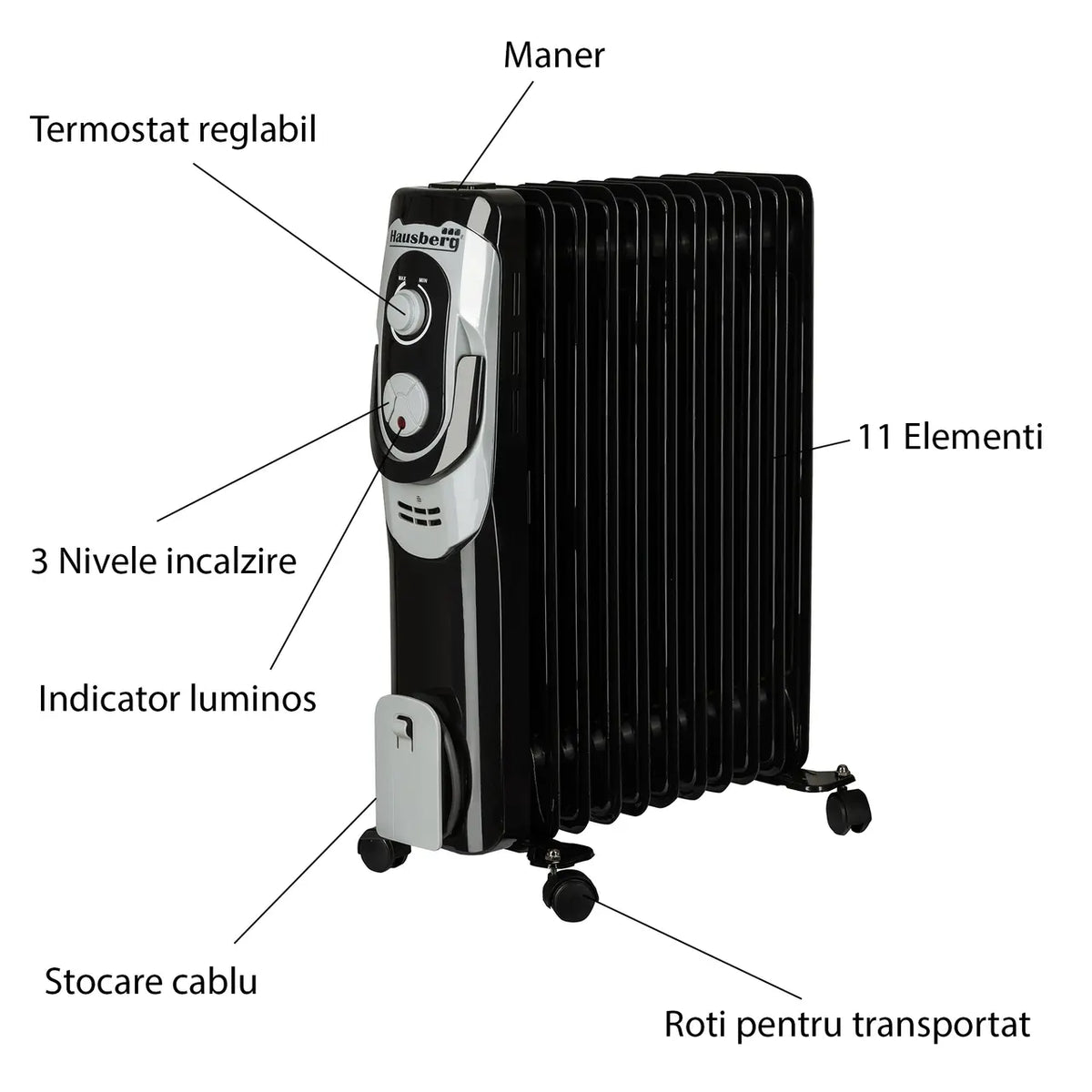 Hausberg HB-8920NG elektromos olajradiátor, 2500 W, 11 tagú, 3 teljesítményfokozat, állítható termosztát, fekete