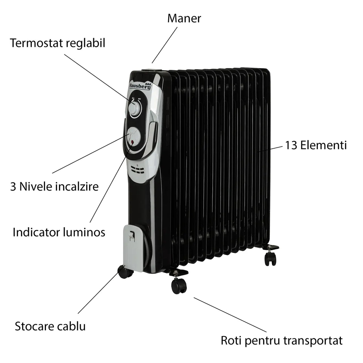 HAUSBERG HB-8930NG elektromos olajradiátor, 2500 W, 13 tagú, 3 teljesítményfokozat, állítható termosztát