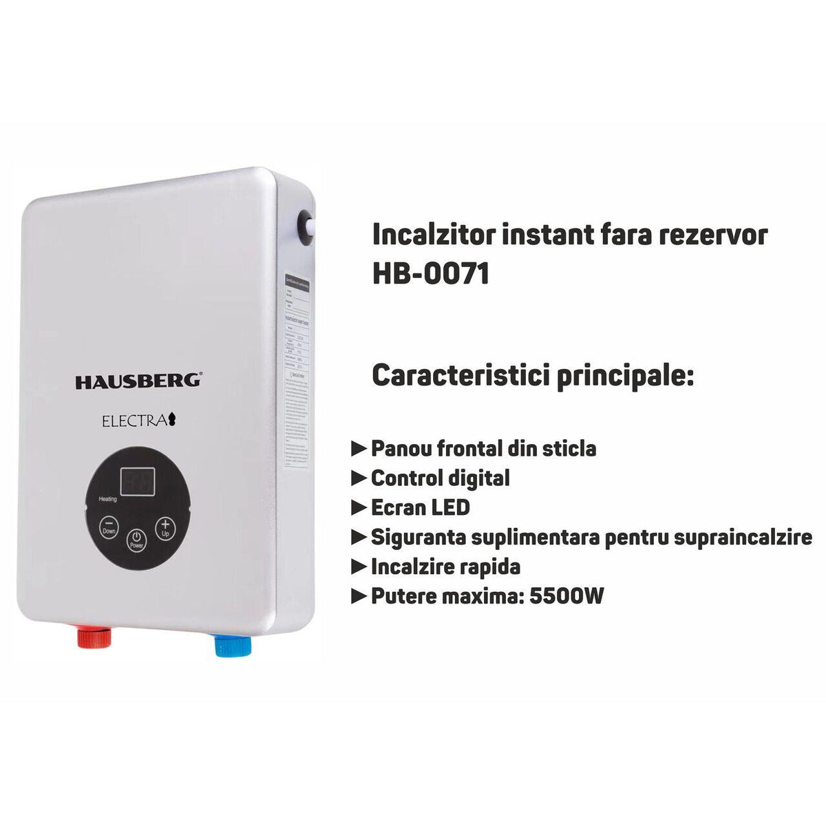 Hausberg HB-0071 azonnali tartály nélküli vízmelegítő, max 5500W teljesítmény, 220V, üveg előlap, digitális vezérlés