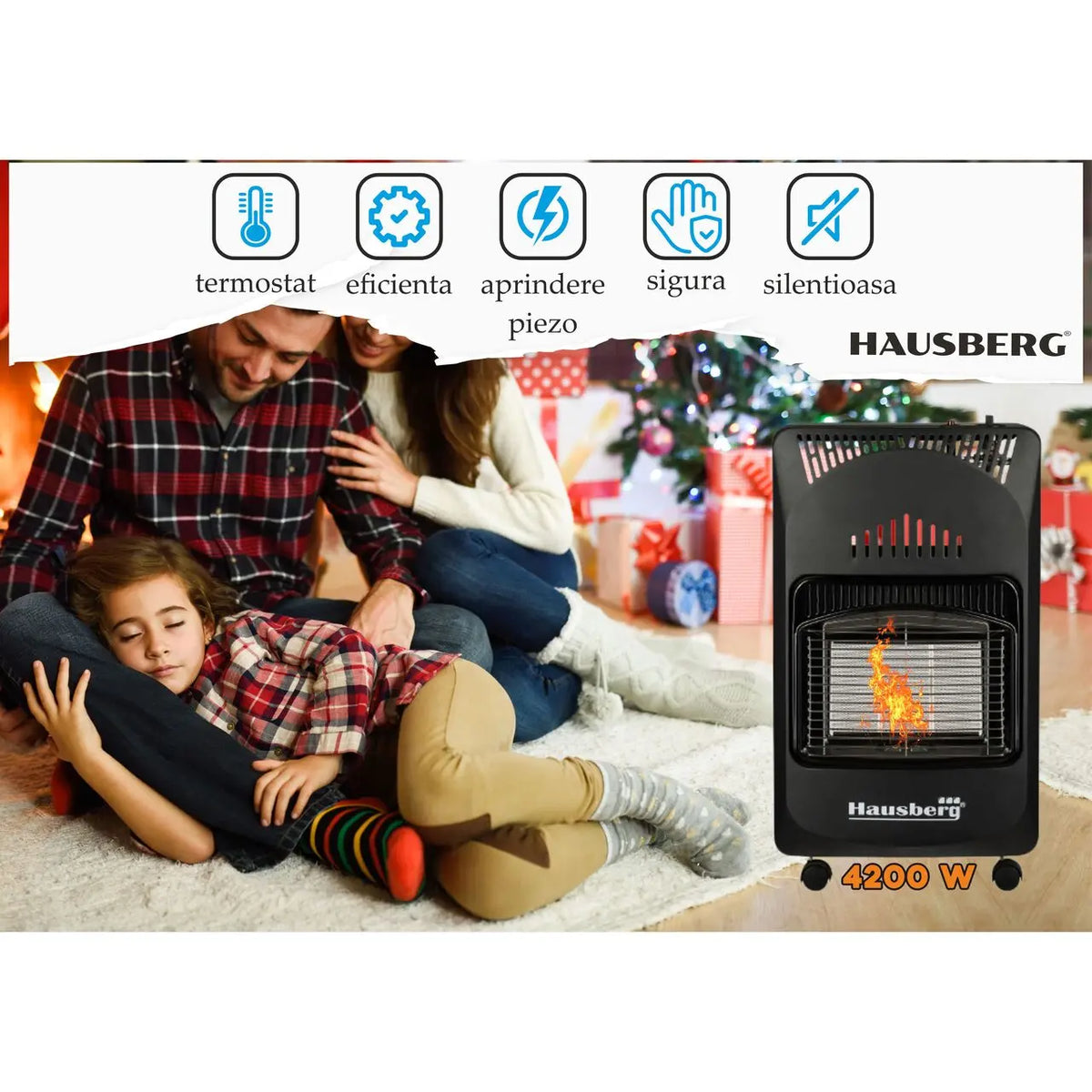 HAUSBERG HB-1010NG gázkonvektor csomag, piezo gyújtás, 4,2kW, fekete, nyomásszabályzó órával, 1m MN2015 gáztömlővel és 2 tömlőbilinccsel