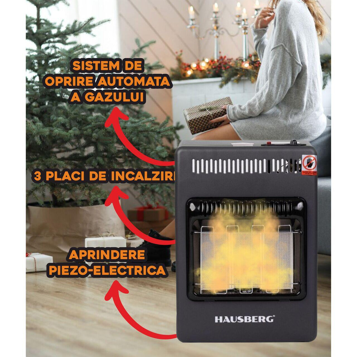 Mini gáztűzhely PB gázra HAUSBERG HB-1023NG, piezo gyújtású, 3 kerámia fűtőlappal, teljesítménye 4.2kW, automatikus gázleállító rendszerrel