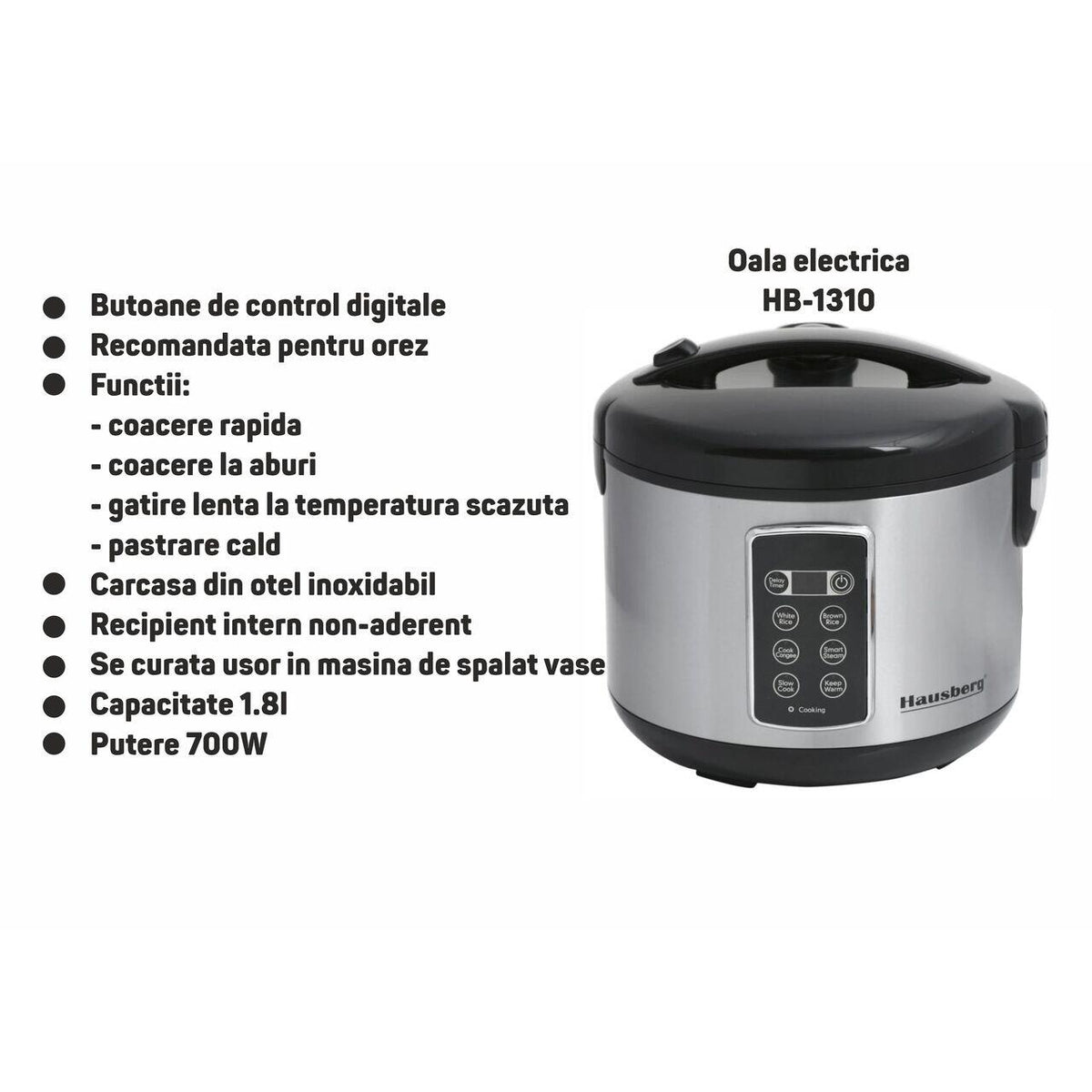 HAUSBERG HB-1310 elektromos főzőedény, digitális vezérlés, 700W teljesítmény, 1.8L kapacitás