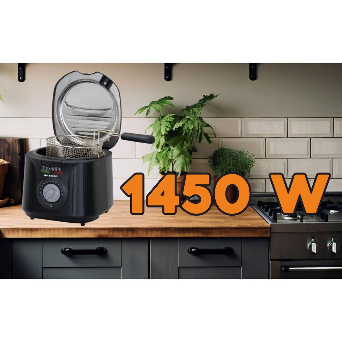 HAUSBERG HB-1331NG olajsütő, 1450 W, 2,5 liter, szabályozható termosztát 0 - 190 °C, kivehető rozsdamentes acél szűrő, olajkosár, túlmelegedés elleni védelem, csúszásmentes lábak