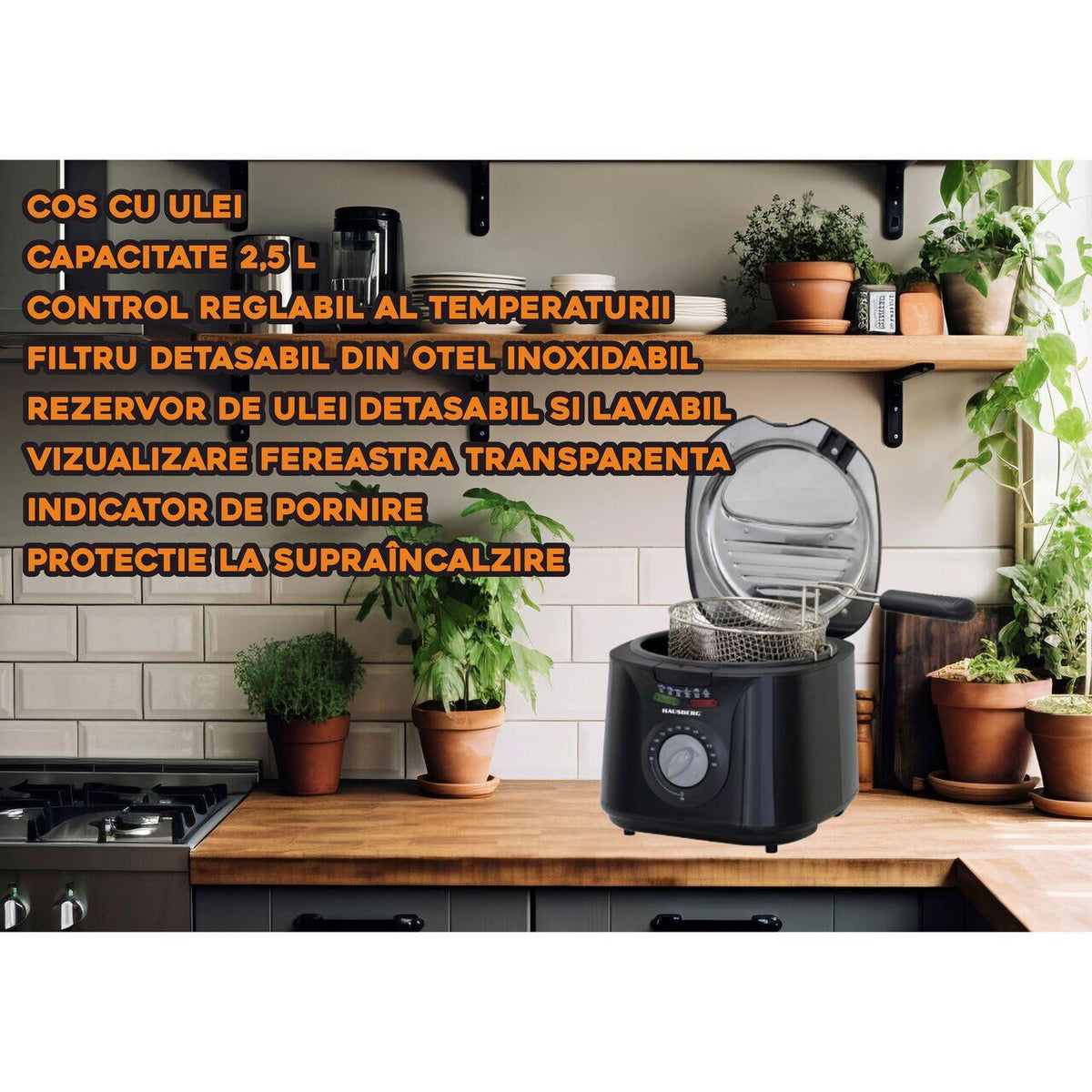 HAUSBERG HB-1331NG olajsütő, 1450 W, 2,5 liter, szabályozható termosztát 0 - 190 °C, kivehető rozsdamentes acél szűrő, olajkosár, túlmelegedés elleni védelem, csúszásmentes lábak
